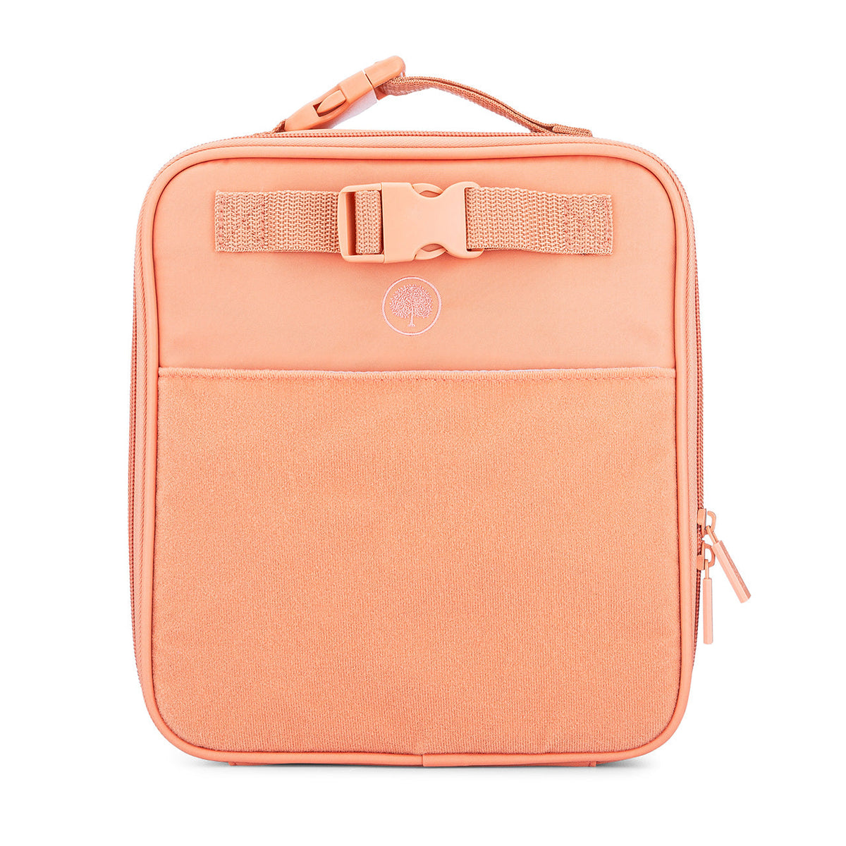 Kids lunch box in coral orange with top handle, front strap, and zip closure.