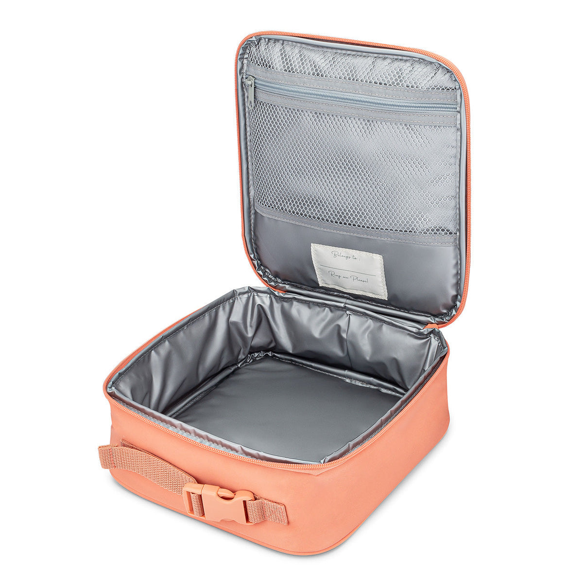 Orange insulated lunch box with open lid and gray foil-lined interior