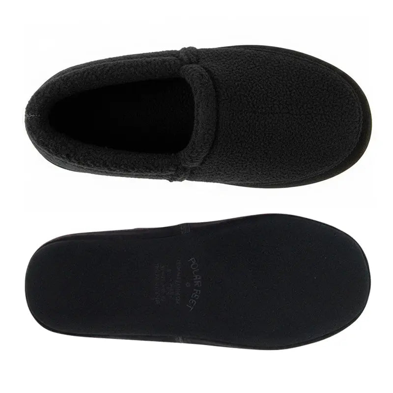 Women's black berber moccasin slippers, side view and outsole bottom