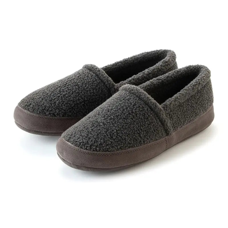 Men's grey berber slip-on moccasin slippers, fuzzy texture, dark rubber sole