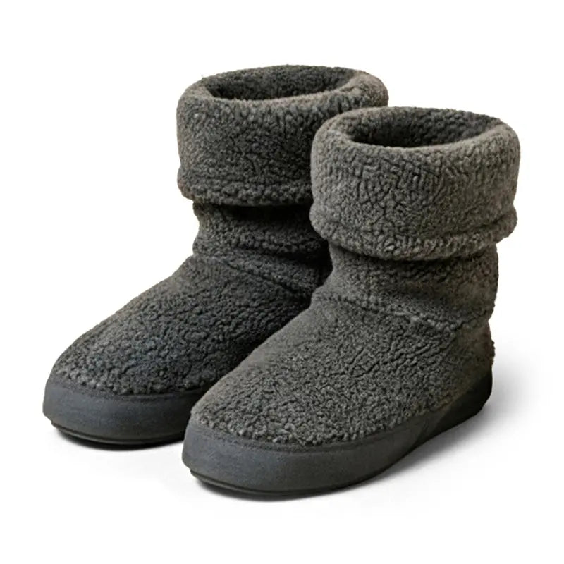 Women’s grey fuzzy ankle boot slippers with thick cuff and rubber sole