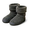 Women’s grey fuzzy ankle boot slippers with thick cuff and rubber sole