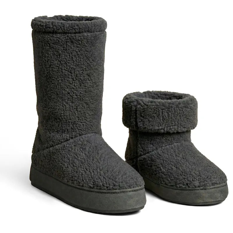 Pair of women’s grey sherpa-like ankle boot slippers with rounded toe