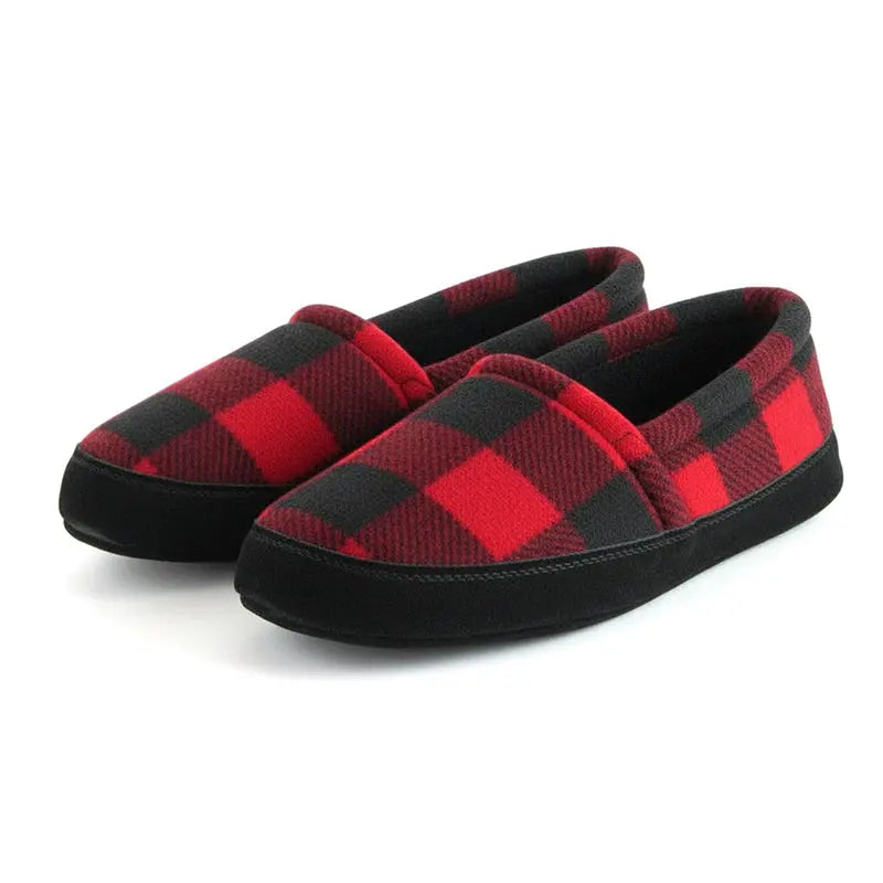 Men's plaid slip-on mocs, red-and-black check with black sole