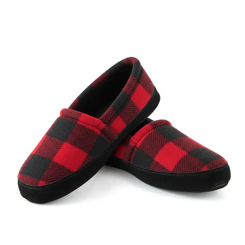 Plaid slip-on mocs, red and black check fabric with cushioned collar