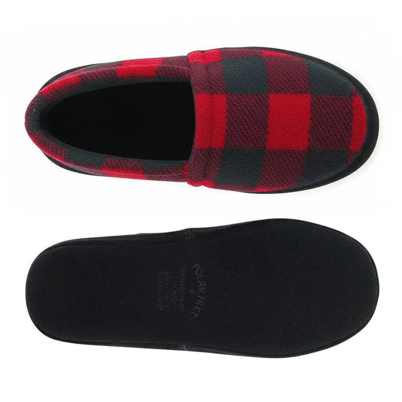 Plush-lined plaid mocs with red-and-black check fabric and black non-slip sole
