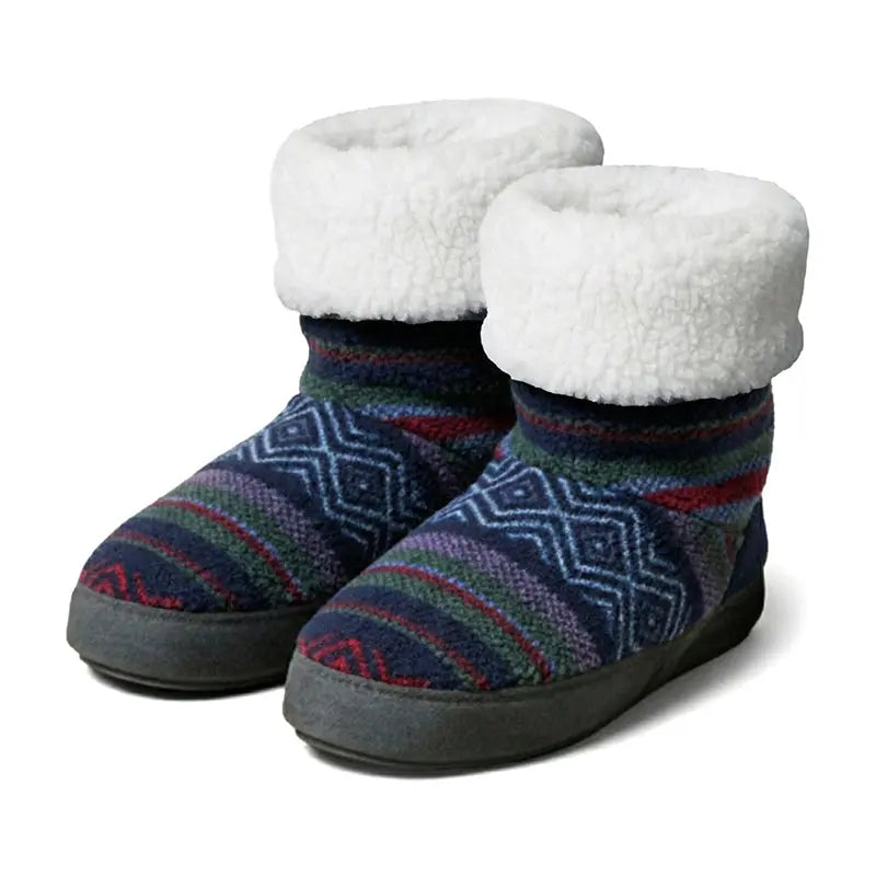 Women’s Nordic knit booties with sherpa cuff, geometric navy/red pattern, dark soles