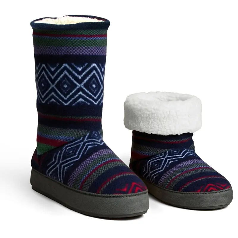 Women’s Nordic knit booties with sherpa lining, navy zigzag and stripe pattern, dark sole