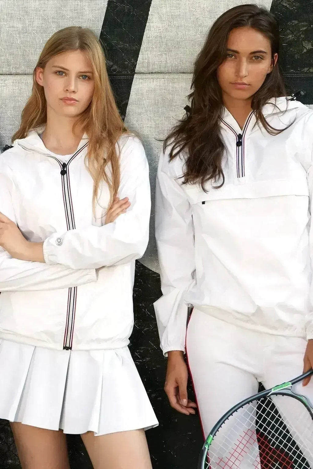 White quarter-zip rain windbreaker jacket with hood, striped zipper trim