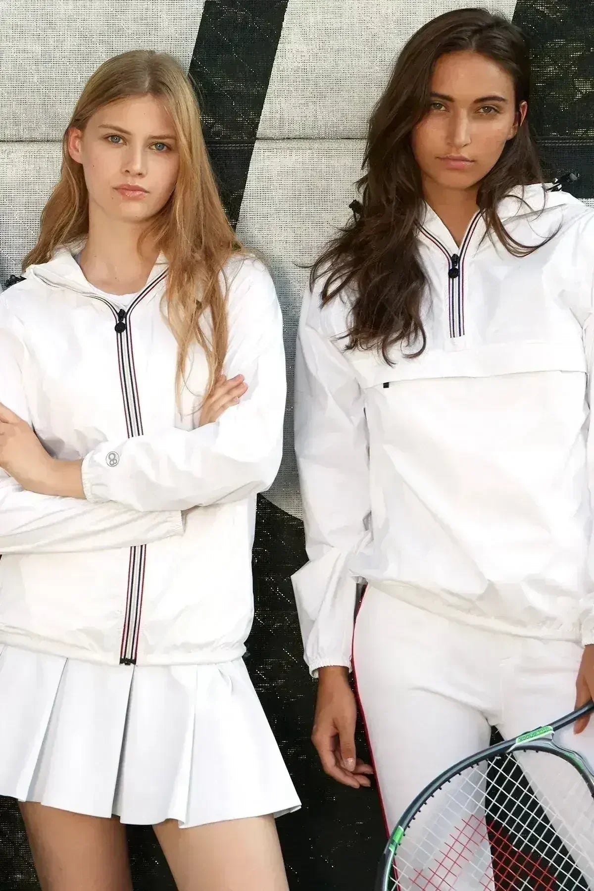 White quarter-zip rain windbreaker jacket with hood, striped zipper trim