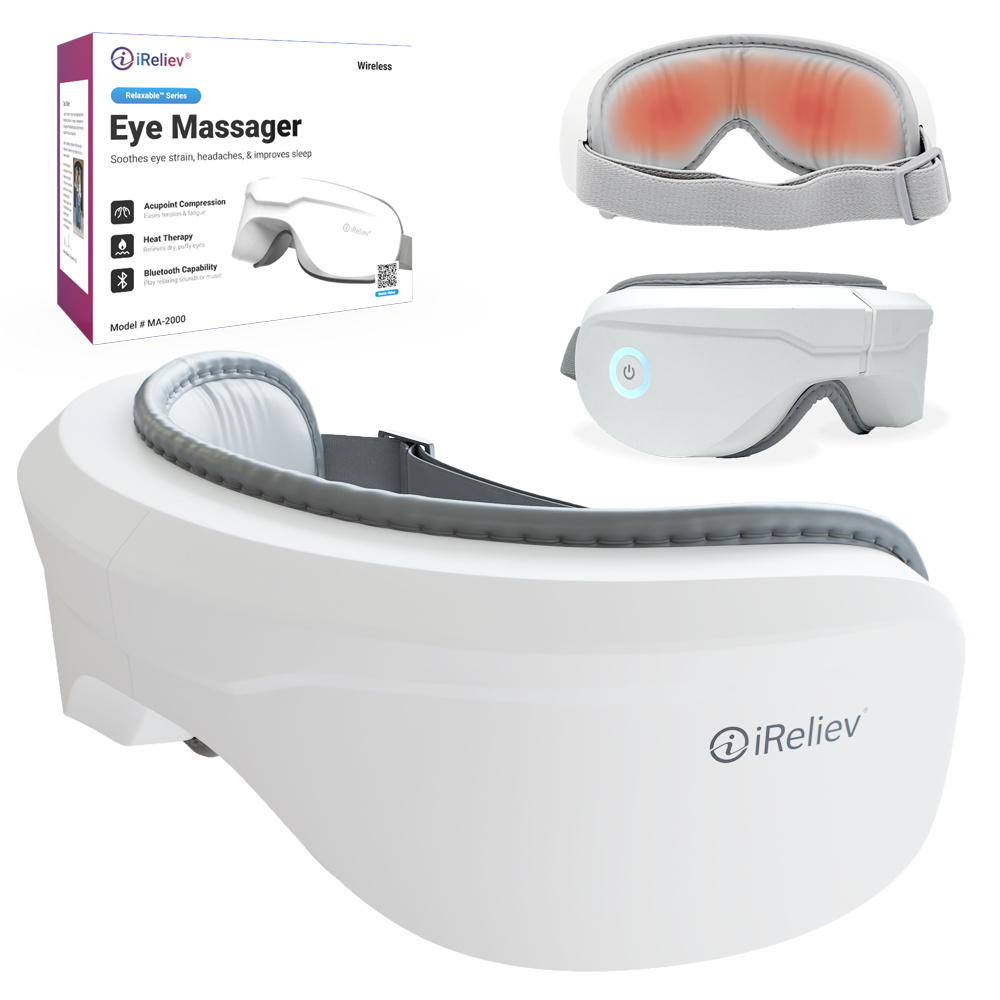 Wireless heated eye massager unit with gray strap and padded eye cups