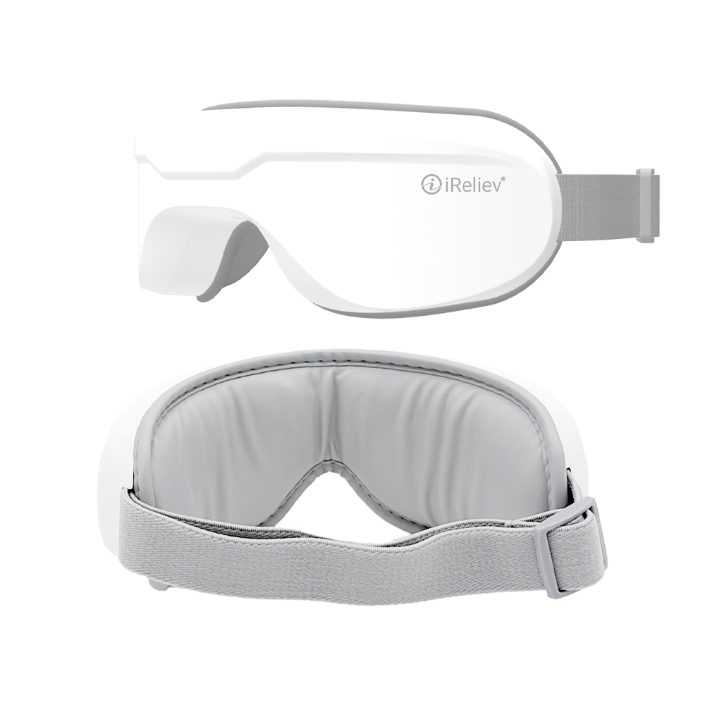 Heated eye massager with gray padded eye cups and adjustable strap