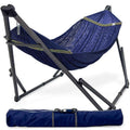 Dark blue collapsible hammock with black steel stand and matching carry bag.