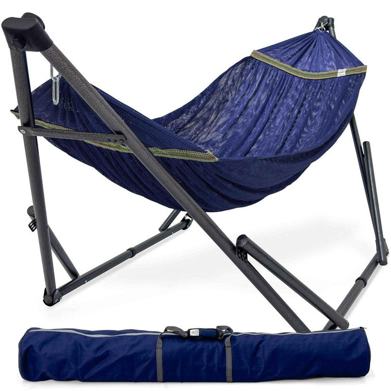 Dark blue collapsible hammock with black steel stand and matching carry bag.