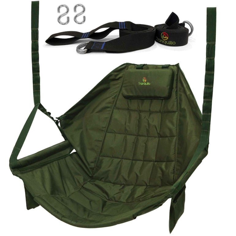 Green hammock chair with adjustable straps, black pouch, and silver S-hooks