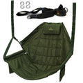 Green hammock chair with adjustable straps, black pouch, and silver S-hooks