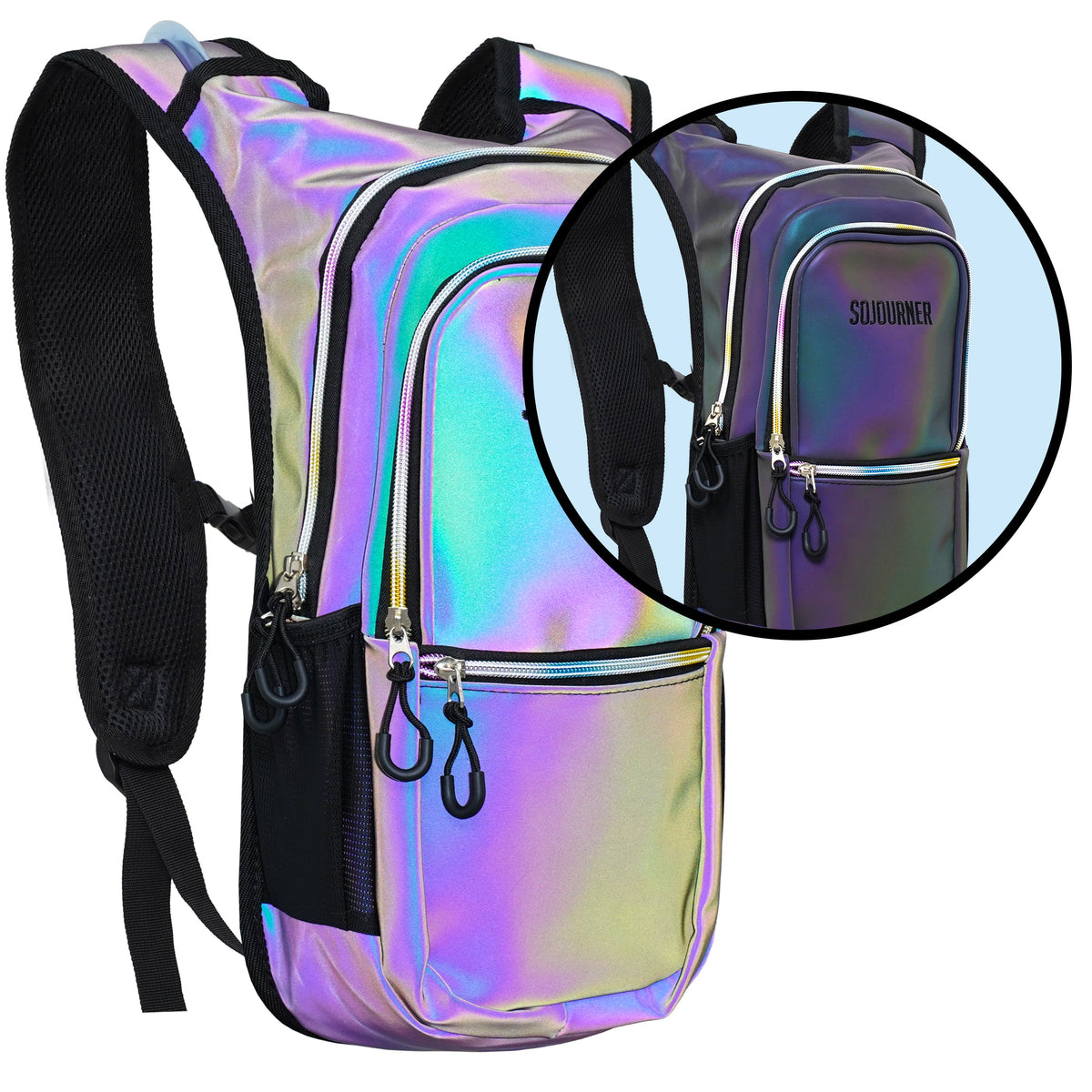 Iridescent holographic hydration backpack with black shoulder straps and front detail