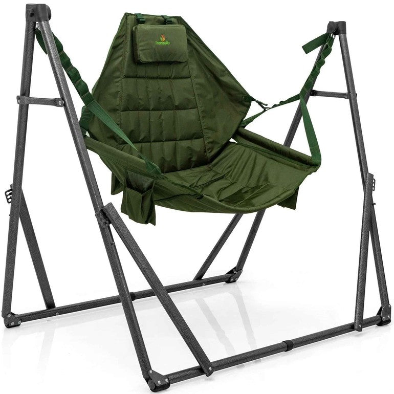 Green hammock chair with adjustable metal stand and padded fabric seat