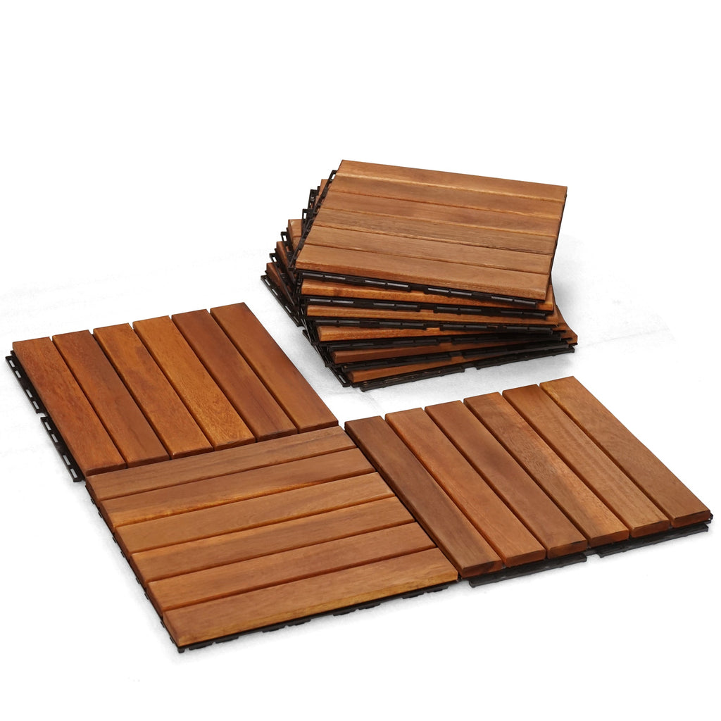 Golden-brown wood deck tiles, 6-slat set with snap-lock bases