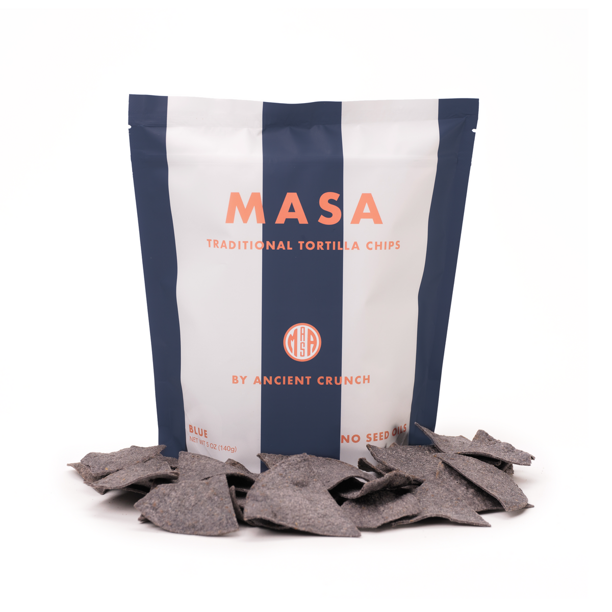 MASA traditional tortilla chips pouch with dark tortilla chips in front