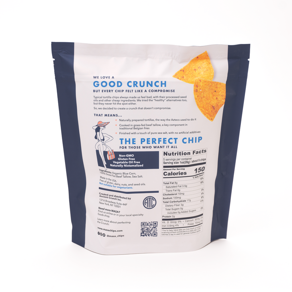 Back of MASA tortilla chips pouch with nutrition and ingredient information