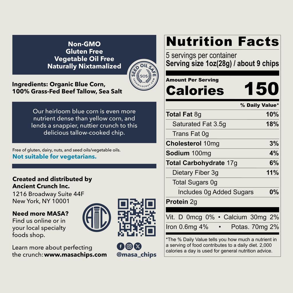 Nutrition Facts panel for MASA tortilla chips with calories and nutrients