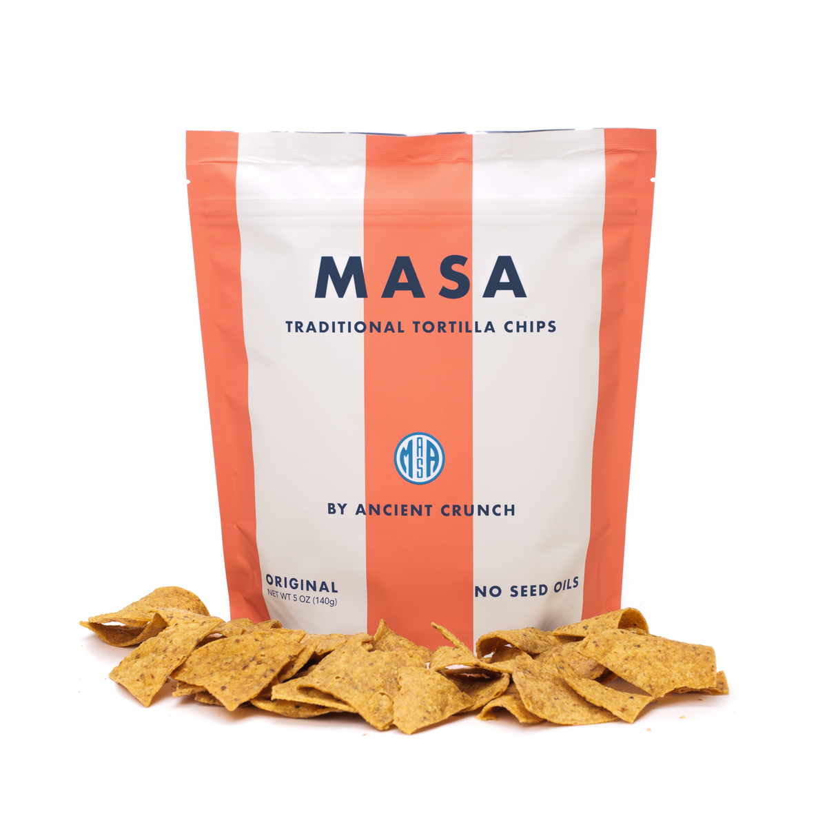 MASA Original tortilla chips bag with tortilla chips laid in front