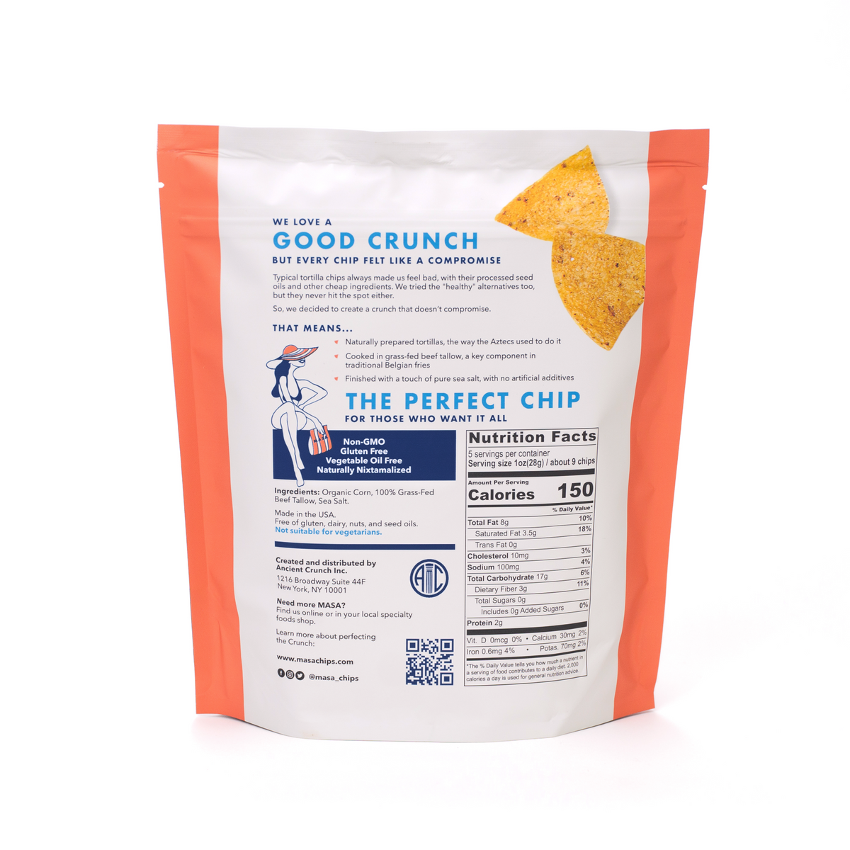 MASA Original tortilla chips bag back with nutrition facts and product details