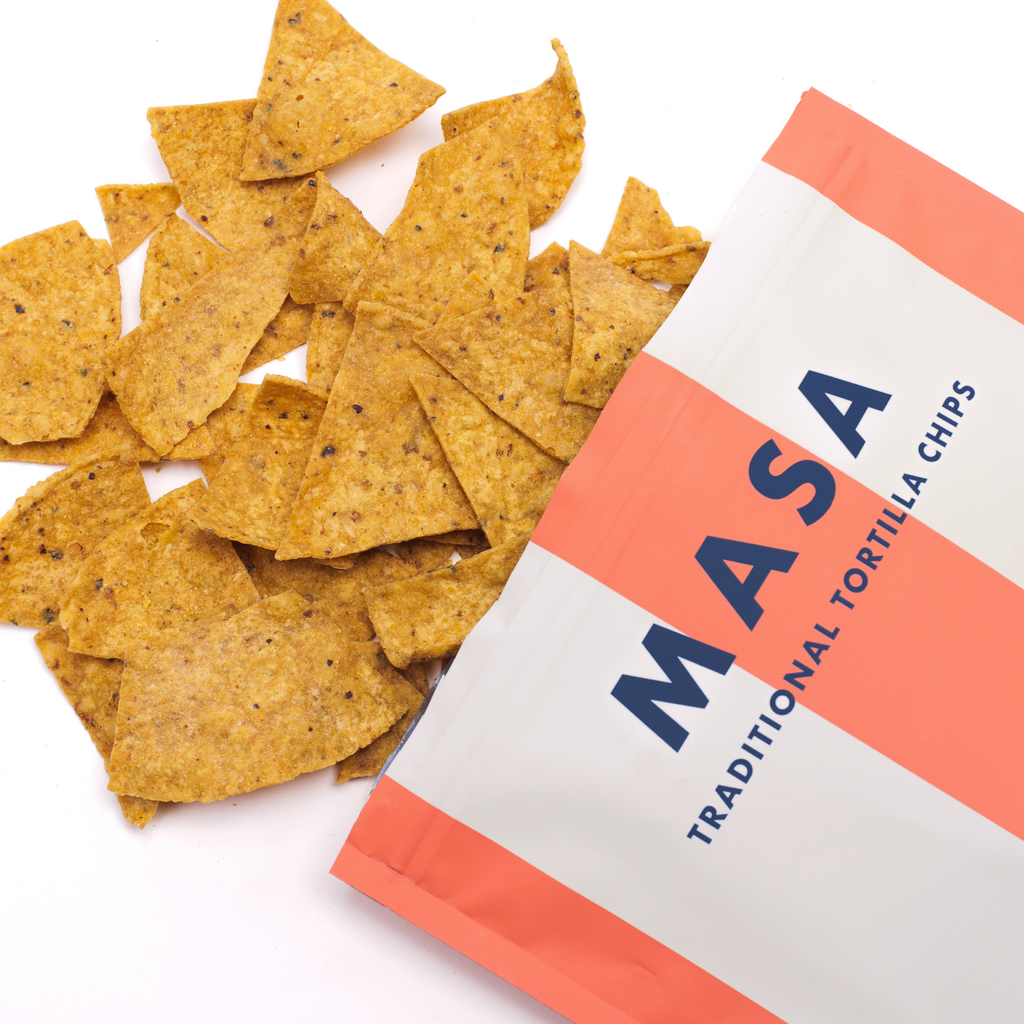 MASA Original tortilla chips with orange-and-white bag and tortilla chips