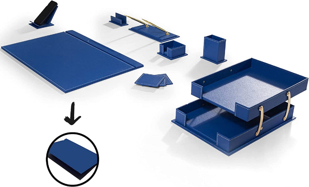 Blue desk organizer set with matching trays, pen holders, and desk mat pieces