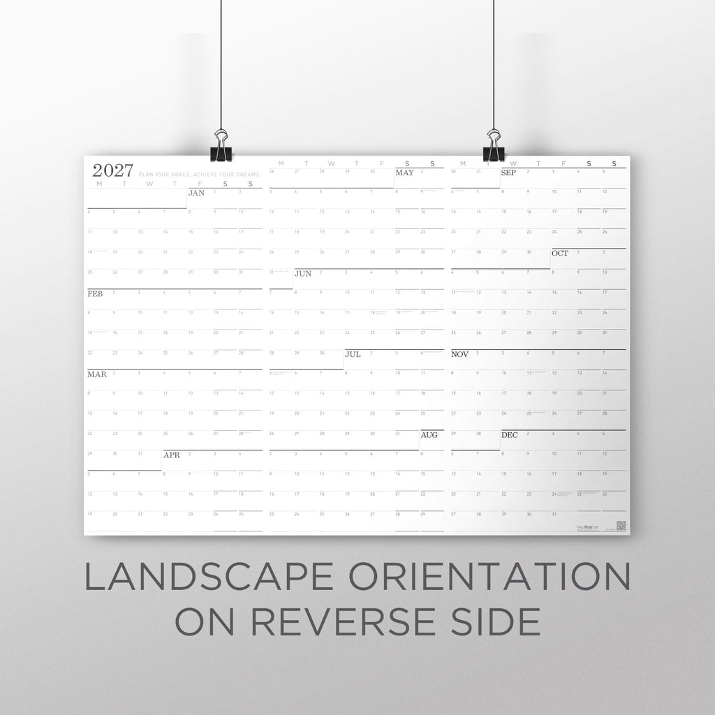 Wall calendar reverse side text: “LANDSCAPE ORIENTATION ON REVERSE SIDE”