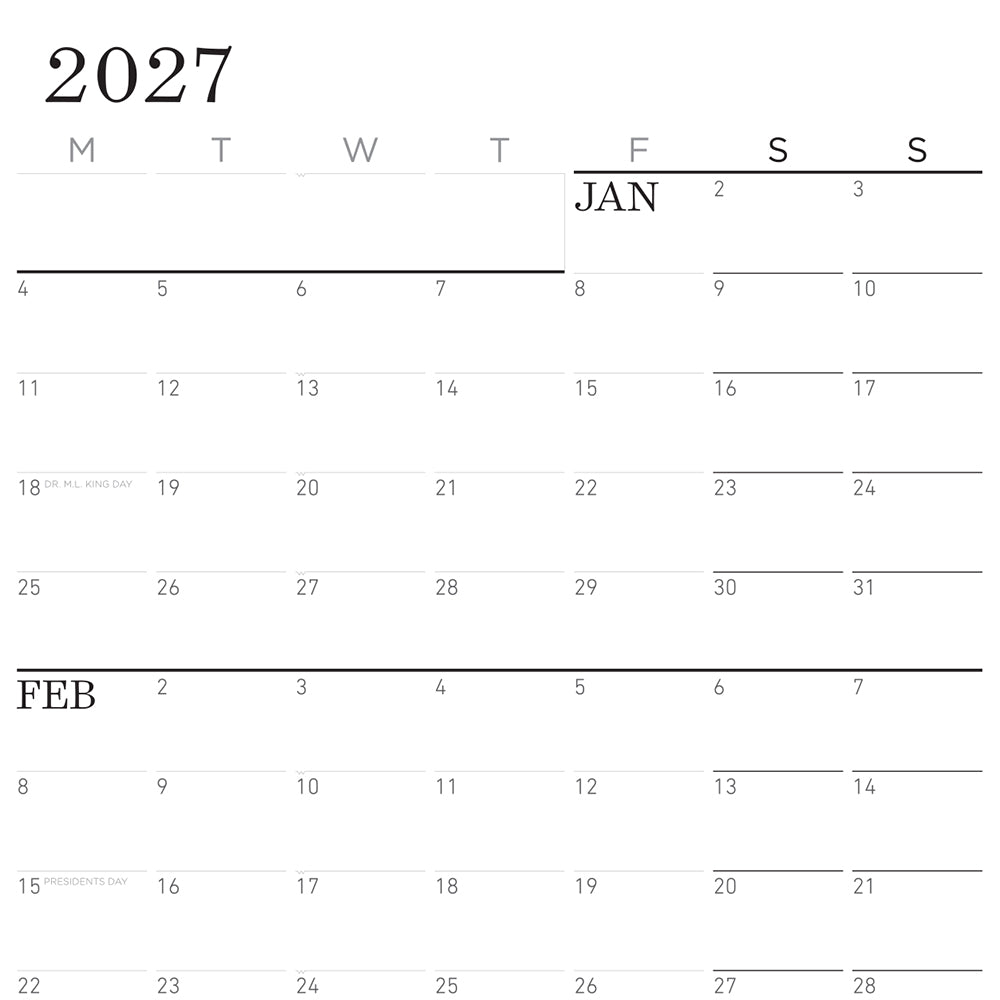 Monthly calendar page labeled 2027 with January grid and weekday rows