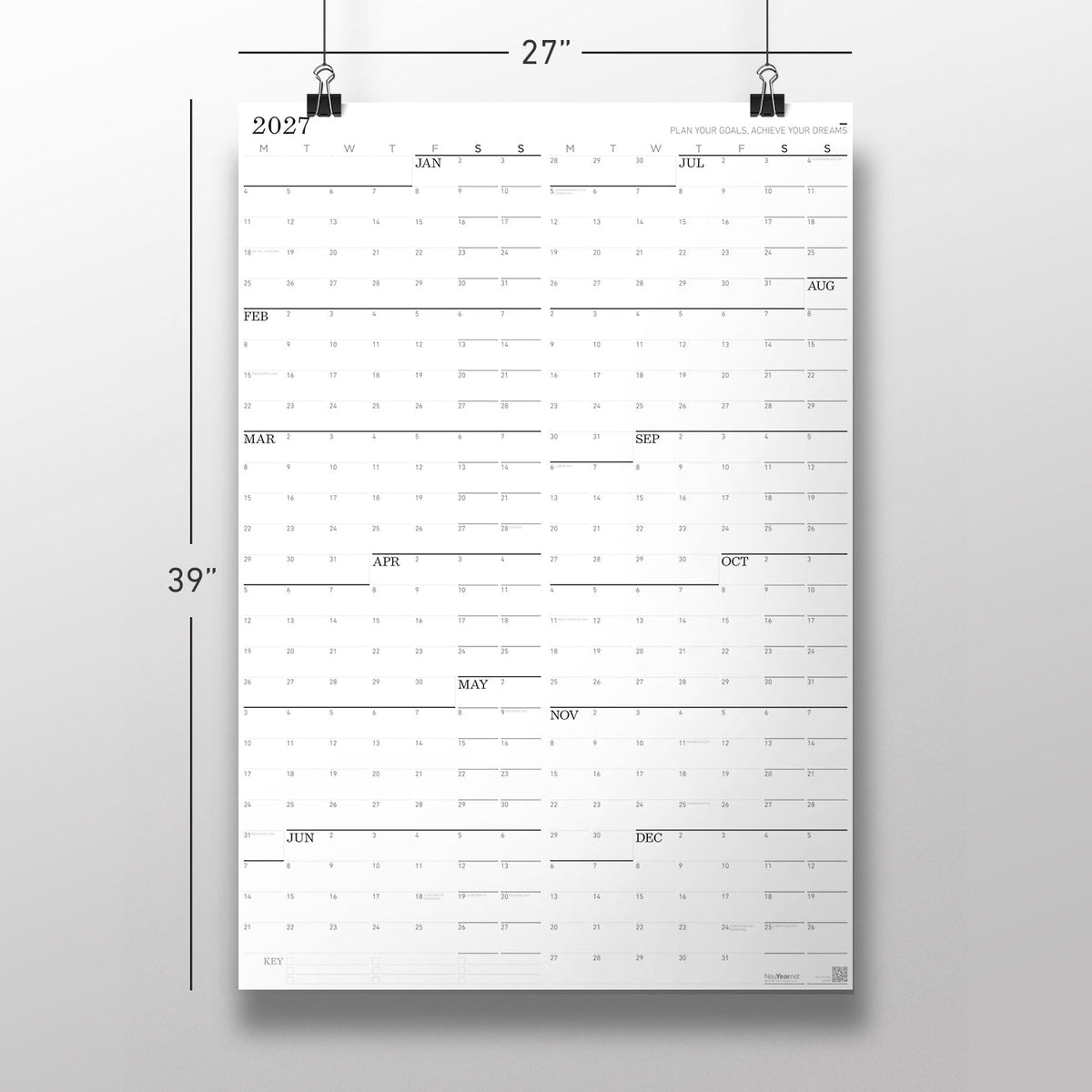 Wall calendar labeled 2027 with hanging dimensions 27 in wide and 39 in tall