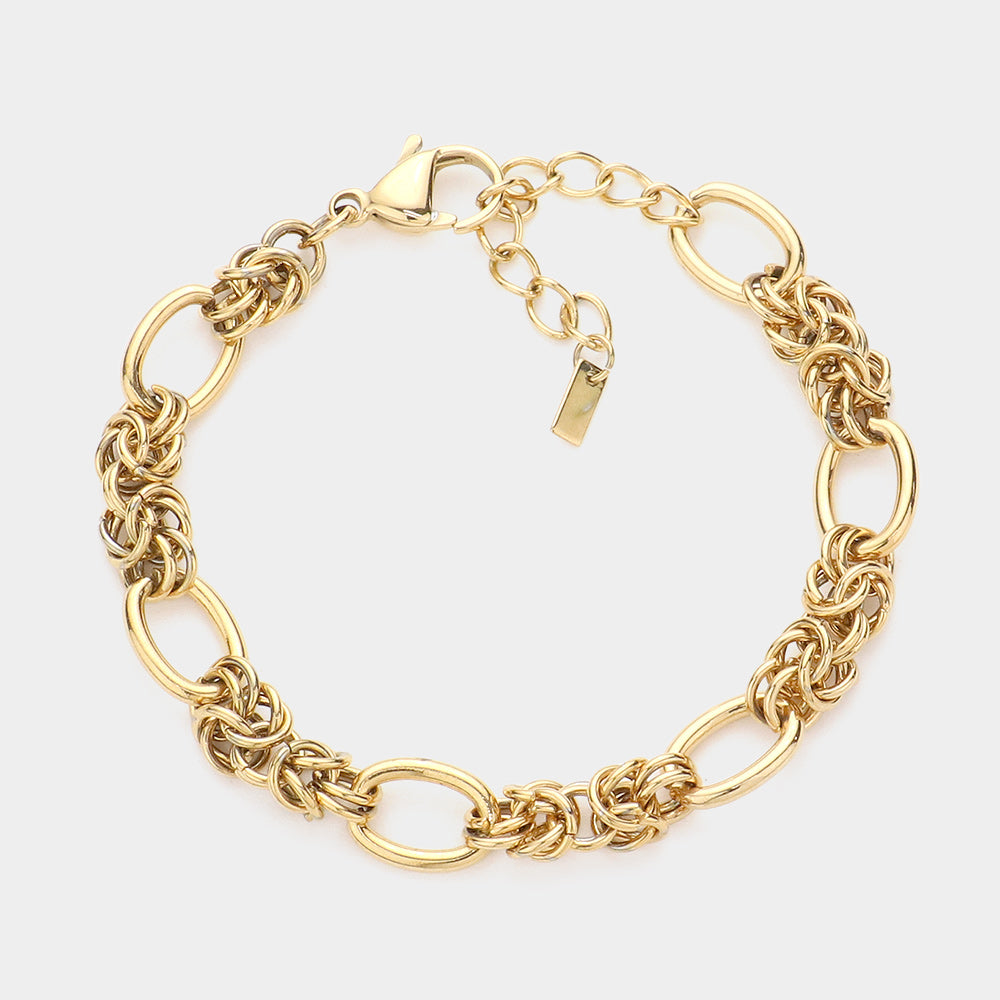 Gold chain link bracelet with heart clasp, small vertical charm tag and extender