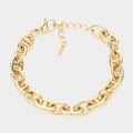 Gold chain link bracelet with heart clasp and dangling charm, adjustable chain