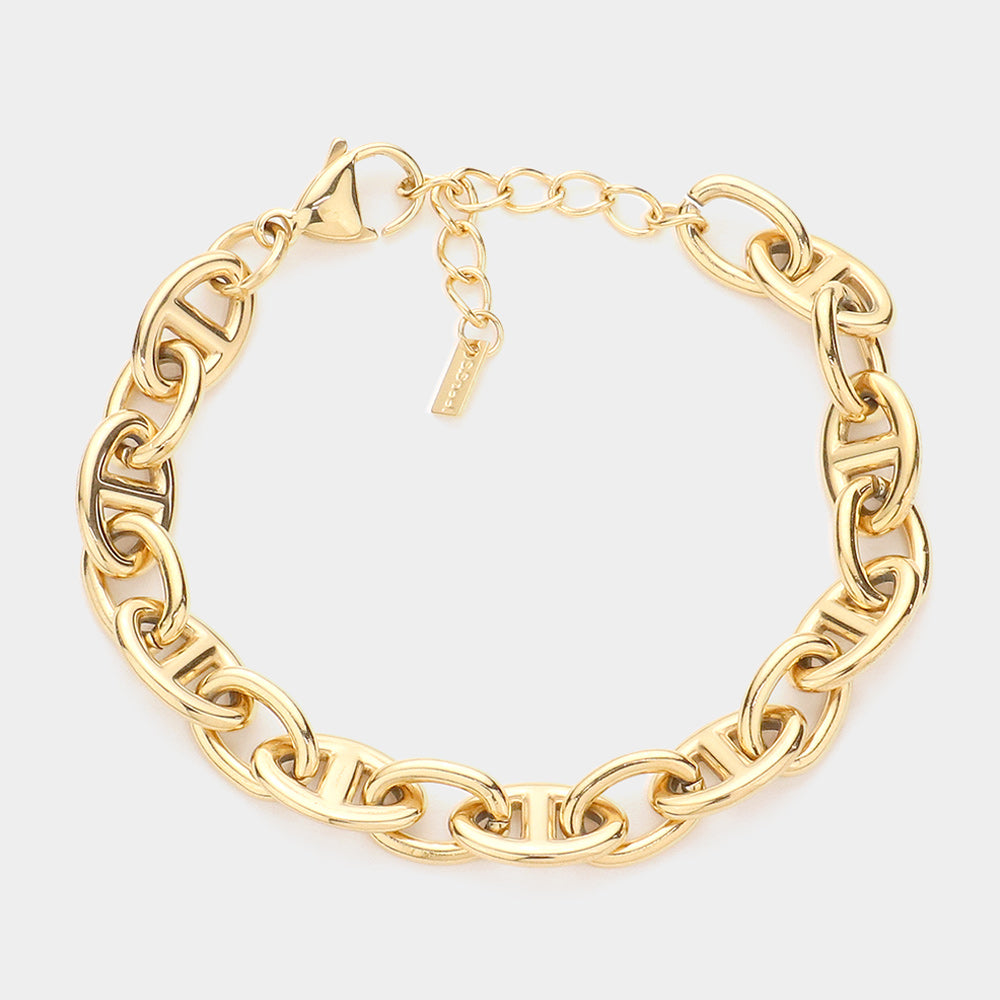 Gold chain link bracelet with heart clasp and dangling charm, adjustable chain