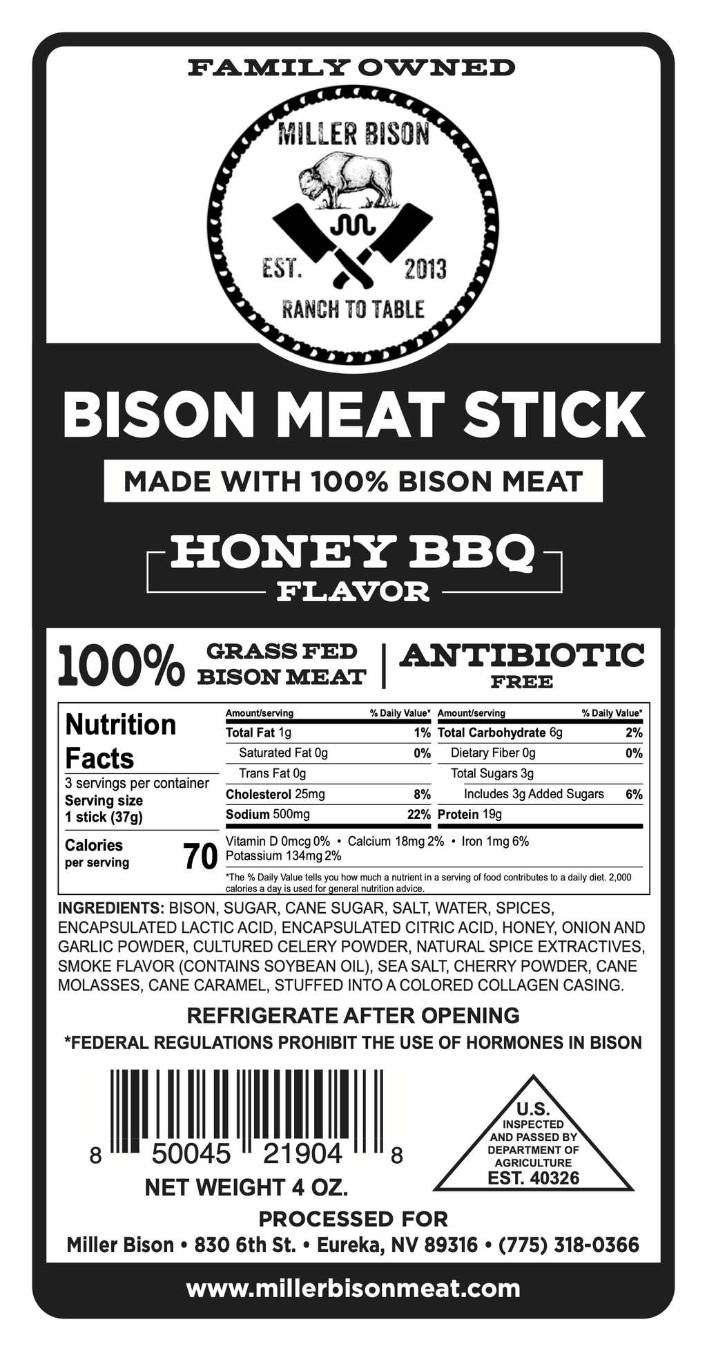 Bison meat stick label: honey BBQ flavor, 100% grass-fed bison, antibiotic-free