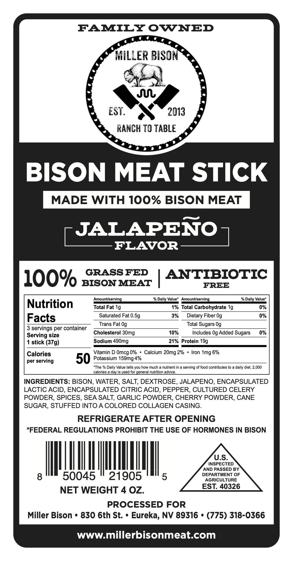 Bison meat stick pack label, jalapeño flavor, 4 oz