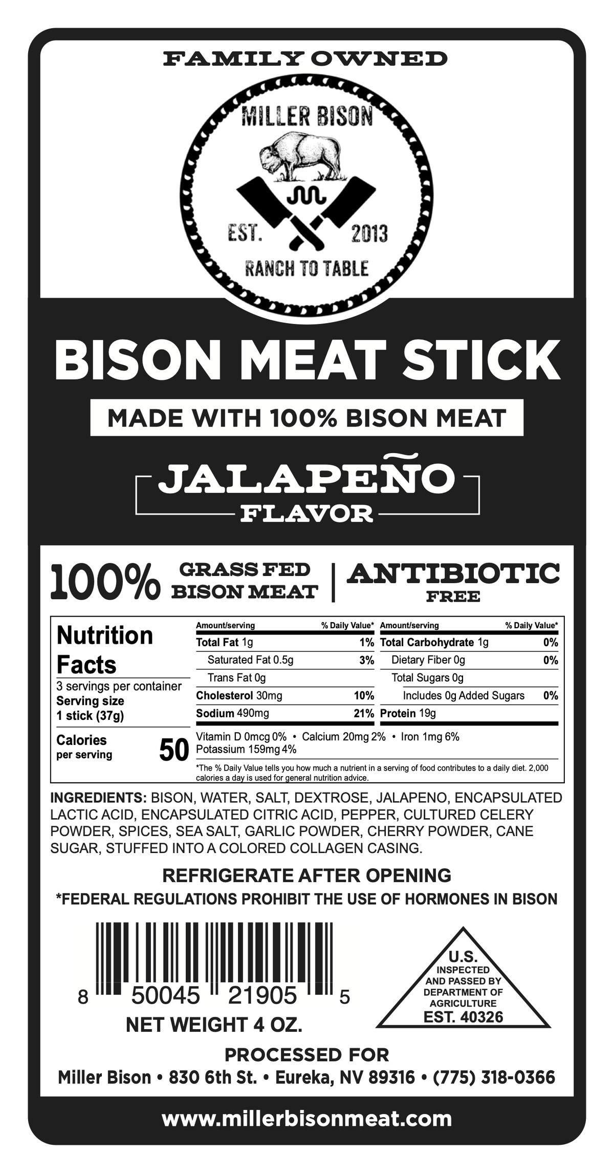 Bison meat stick package, jalapeño flavor