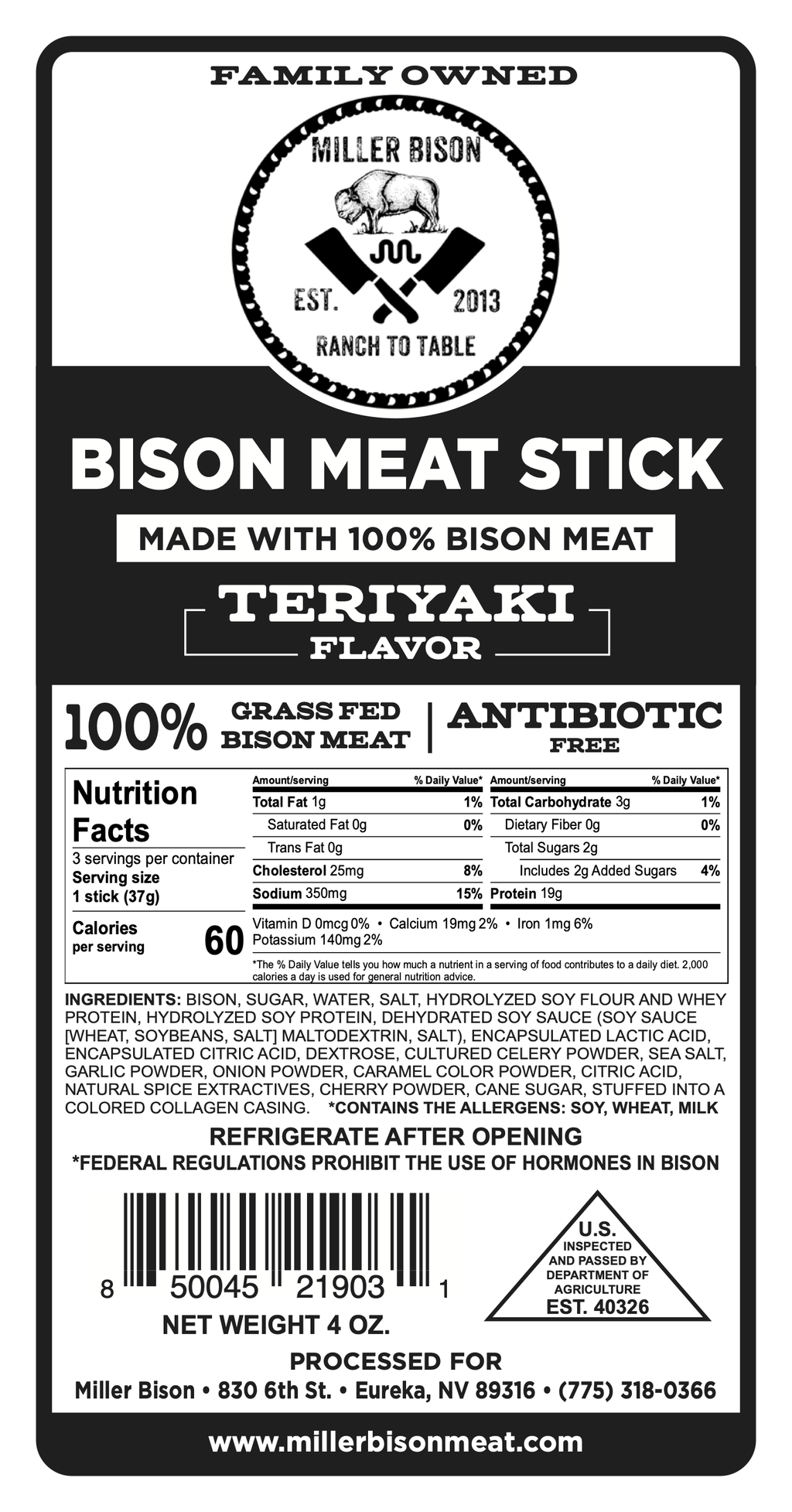 Teriyaki flavored bison meat stick package front with nutrition panel
