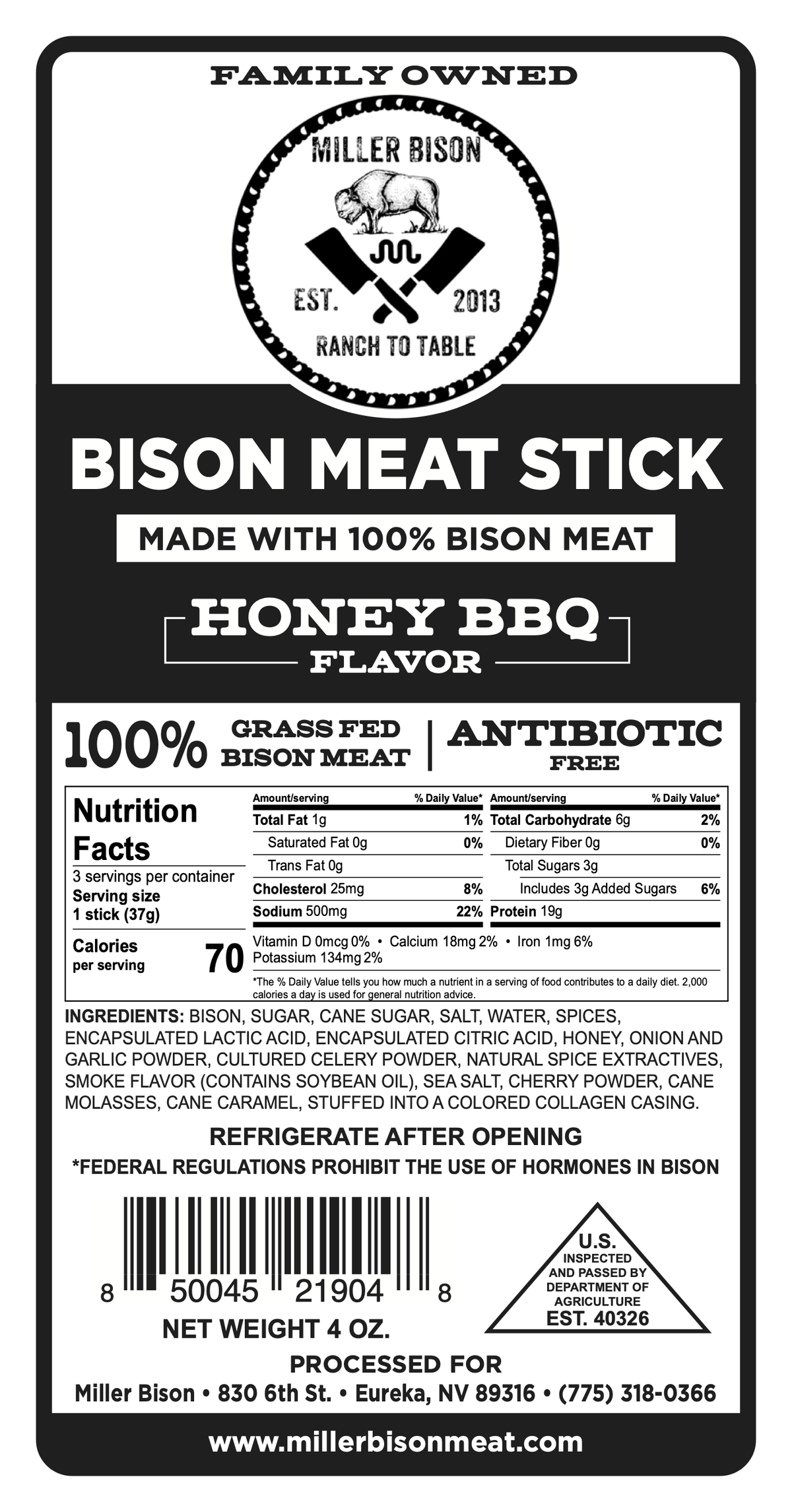 Honey BBQ flavored bison meat stick package front with nutrition panel