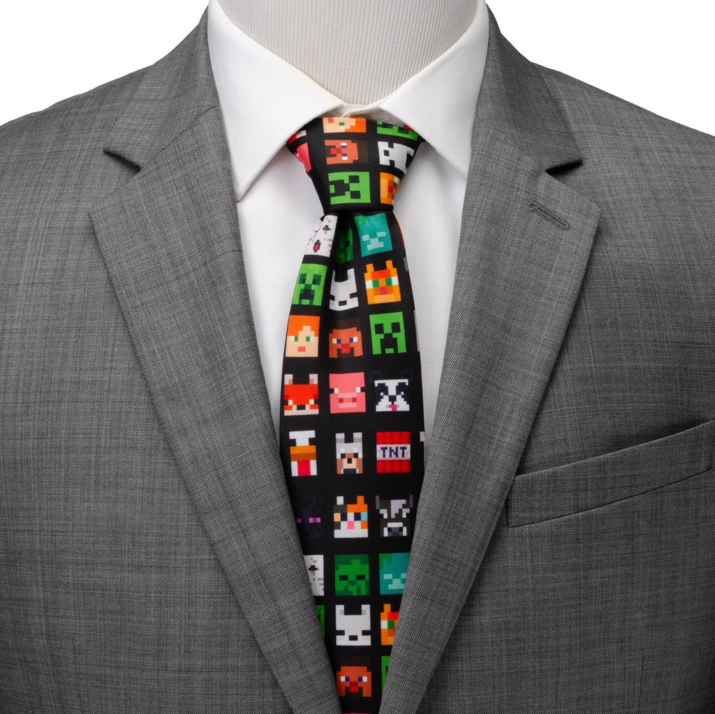 Black men's tie with pixel character pattern and multicolor square game icons