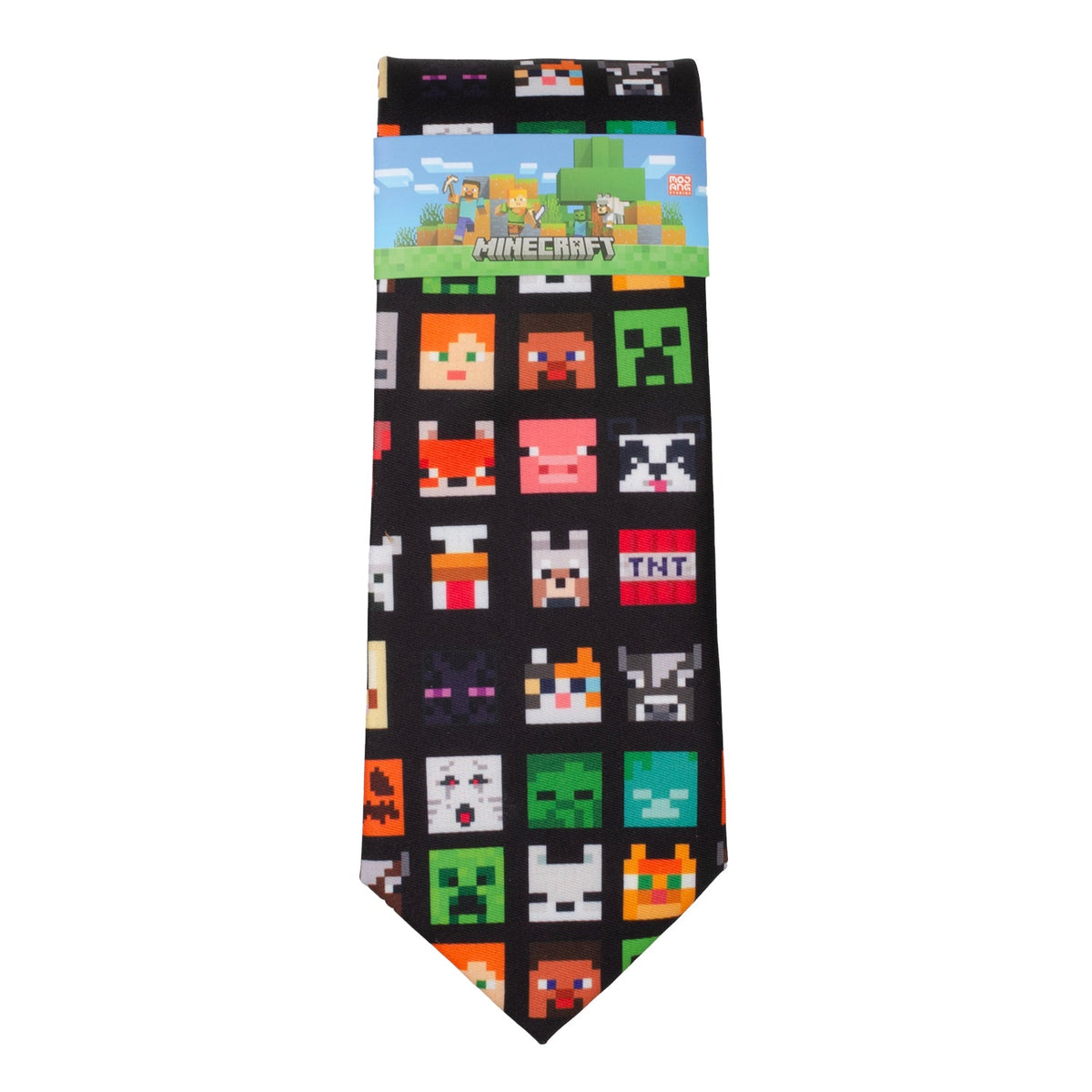 Black men's tie with pixel art character pattern and a small header scene