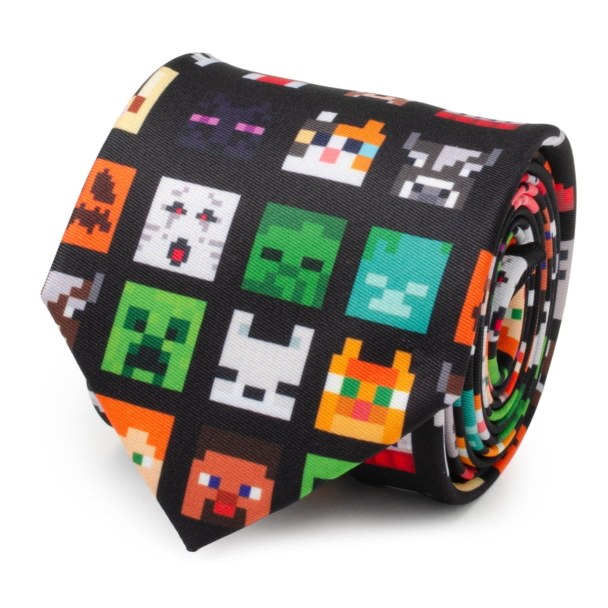 Black men's tie with pixel-game character pattern in multicolor squares and icons