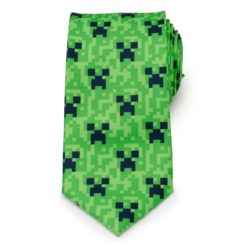 Green pixel camouflage necktie with pointed ends, laid flat