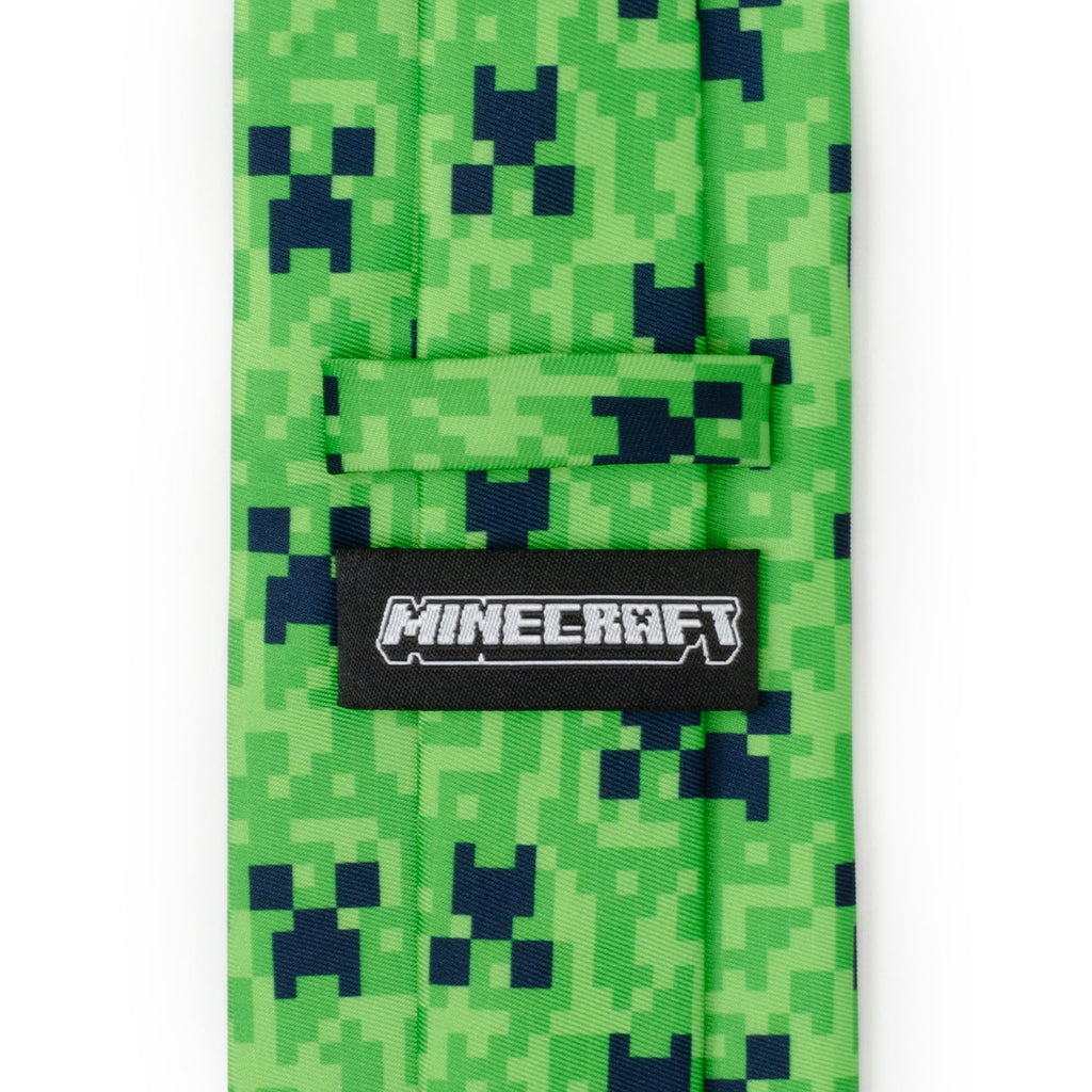 Green pixel camouflage necktie with Minecraft logo patch on the front