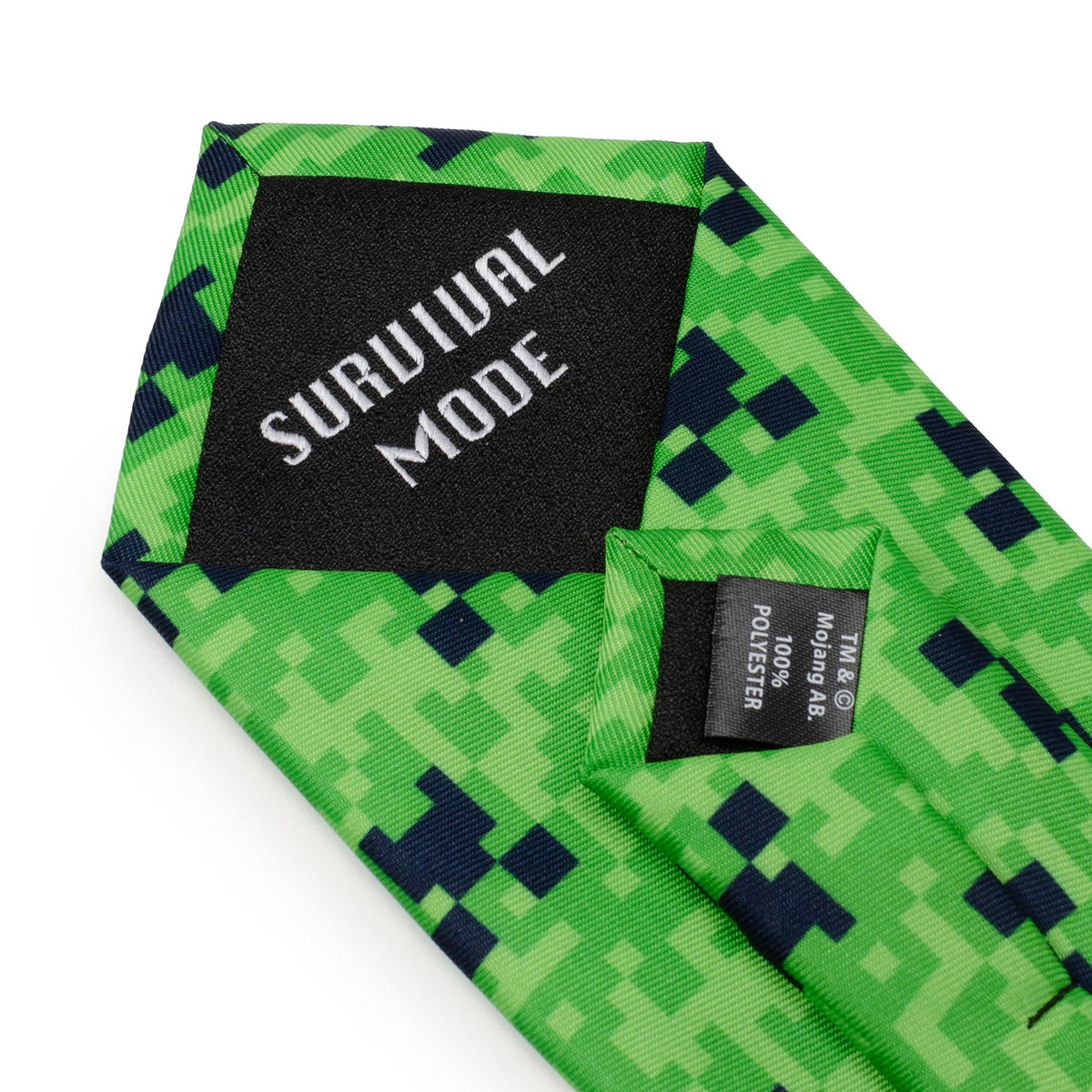 Green pixel camouflage necktie set with "SURVIVAL MODE" patch and product tag