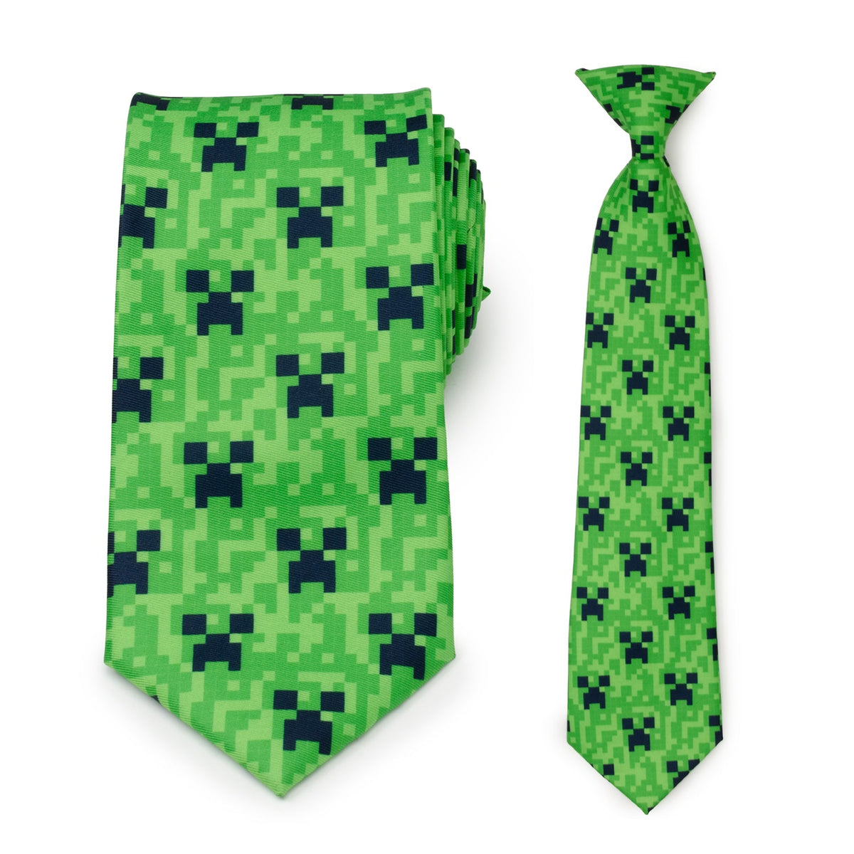 Green pixel camouflage tie set with two matching neckties, pointed ends