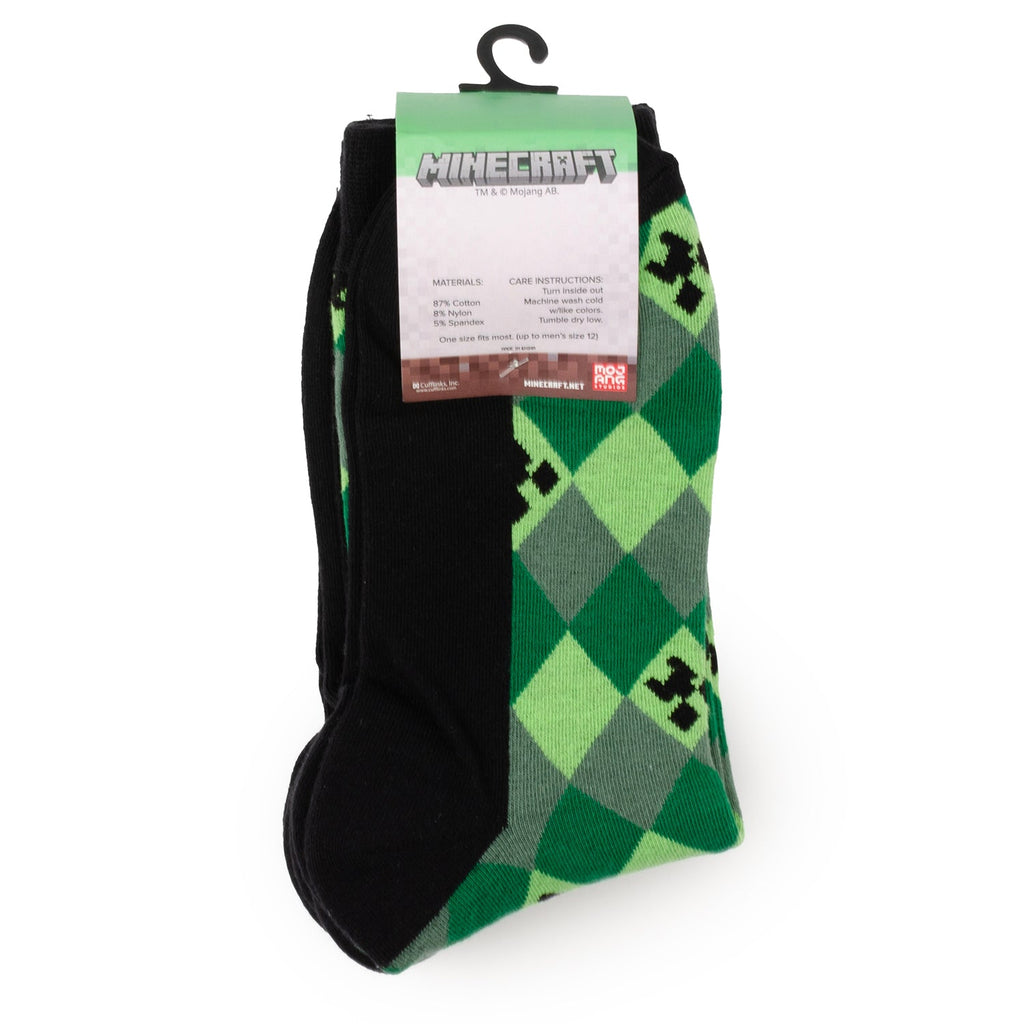 Minecraft Creeper men's socks pair on hanger, black toe and heel with green argyle