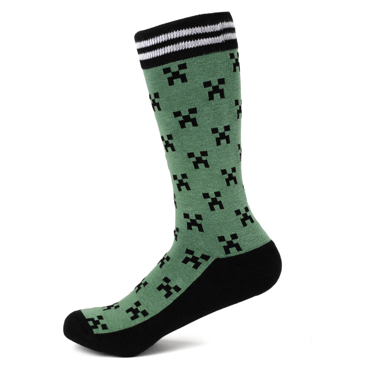 Men's crew socks set: green creeper pixel design, black toe/heel, striped cuff